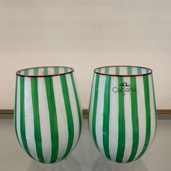 Cabana Green Striped Stemless Wine Glasses 17oz Set of 2 Holiday BarwareNEW - Picture 11 of 12